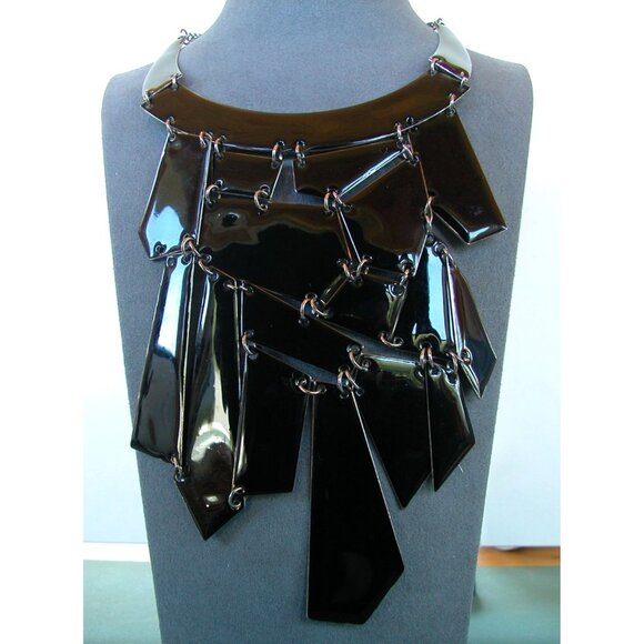 Statement Geometric Necklace With Black & Silver Metallic Panels - Picture 1 of 3